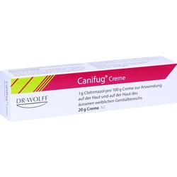 Weiße Schachtel mit rotem und gelbem Design, Aufschrift "Canifug Creme".