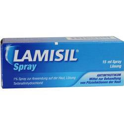 Eine blaue Packung Lamisil Spray gegen Pilzinfektionen der Haut.