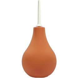 Ein orangefarbener Klistierballon mit weißem Spitzrohr.