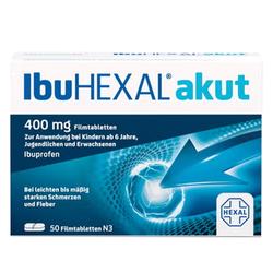 Verpackung von IbuHexal akut 400 mg mit 50 Filmtabletten gegen Schmerzen und Fieber.