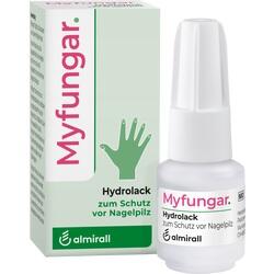 Eine Verpackung und Flasche des Nagellacks "Myfungar" zum Schutz vor Nagelpilz.