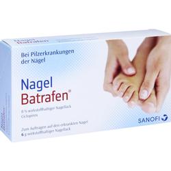 Packung von Nagellack gegen Nagelpilz mit Bild von Händen an Füßen.